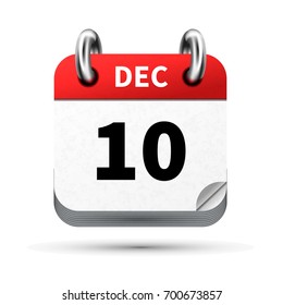 Bright realistic icon of calendar with 10 december date on white