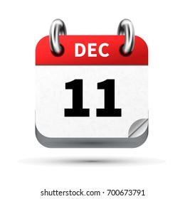 Bright realistic icon of calendar with 11 december date on white