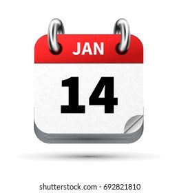 Bright realistic icon of calendar with 14 january date on white