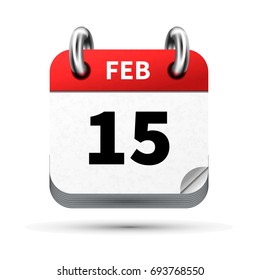 Bright realistic icon of calendar with 15 february date on white