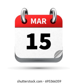 Bright realistic icon of calendar with 15 march date on white