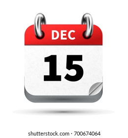 Bright realistic icon of calendar with 15 december date on white