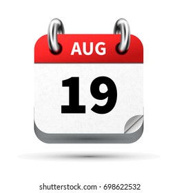 Bright realistic icon of calendar with 19 august date on white