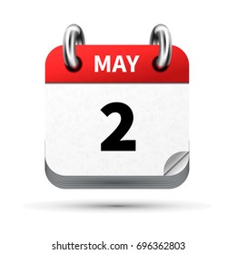 Bright realistic icon of calendar with 2 may date on white