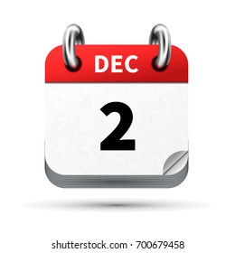 Bright realistic icon of calendar with 2 december date on white