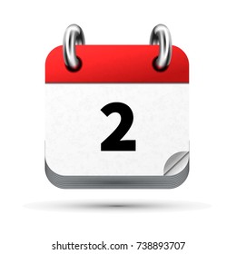 Bright realistic icon of calendar with 2 june date on white