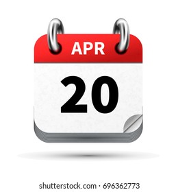 Bright realistic icon of calendar with 20 april date on white