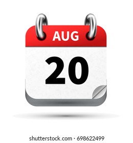 Bright realistic icon of calendar with 20 august date on white