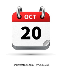 Bright realistic icon of calendar with 20 october date on white