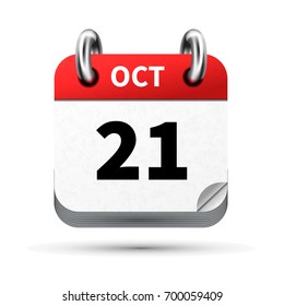 Bright realistic icon of calendar with 21 october date isolated on white