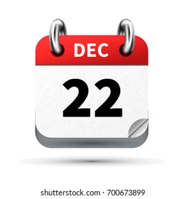 Bright realistic icon of calendar with 22 december date on white