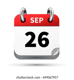 Bright realistic icon of calendar with 26 september date on white