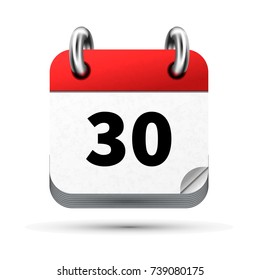 Bright realistic icon of calendar with 30th date on white