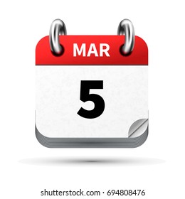 Bright realistic icon of calendar with 5 march date on white