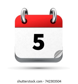 Bright realistic icon of calendar with 5 date on white