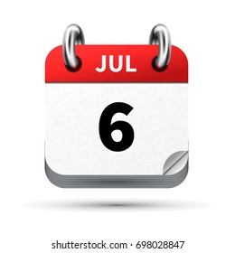 Bright realistic icon of calendar with 6 july date on white