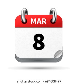 Bright realistic icon of calendar with 8 march date on white