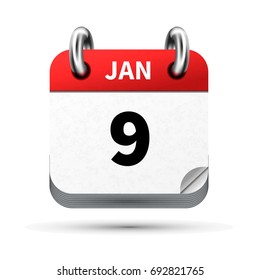 Bright realistic icon of calendar with 9 january date on white