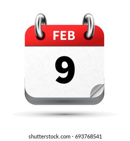 Bright realistic icon of calendar with 9 february date on white