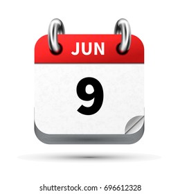Bright realistic icon of calendar with 9 june date isolated on white