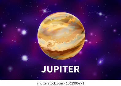 Bright realistic Jupiter planet on colorful deep space background with bright stars and constellations