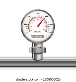 Bright realistic manometer with glossy chrome pipe isolated in white