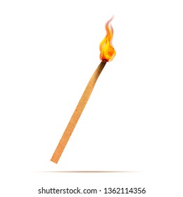 Bright realistic match with fire flames on white