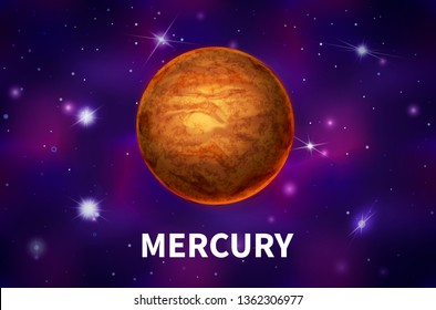 Bright realistic Mercury planet on colorful deep space background with bright stars and constellations