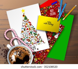 Bright realistic Merry Christmas and Happy New Year corporate identity vector templates set with doodles, freehand, hand drawn design with candies and coffee cup