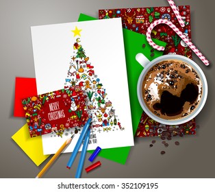 Bright realistic Merry Christmas and Happy New Year corporate identity vector templates set with doodles, freehand, hand drawn design with candies and coffee cup