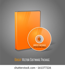 Bright realistic orange isolated DVD, CD, Blue-Ray case with DVD, CD disk on grey background. With place for your text and pictures. Vector