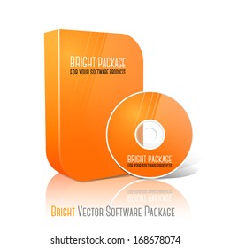 Bright realistic orange isolated DVD, CD, Blue-Ray smooth shaped case with DVD, CD disk on white background with reflection. With place for your text and pictures. Vector