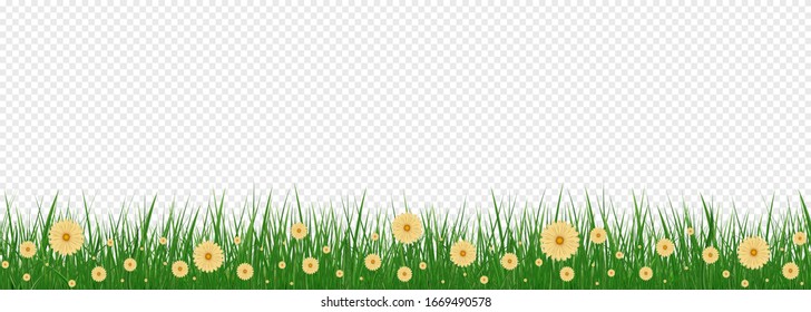 Diseño realista y brillante de hierba verde y flores de primavera para decorar las tarjetas de Pascua. Ilustración del vector EPS10