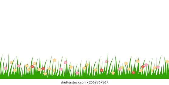 Bright realistic pattern of green grass and spring flowers for decorating Easter cards, banner.