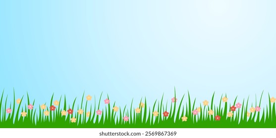 Bright realistic pattern of green grass and spring flowers for decorating Easter cards, banner.