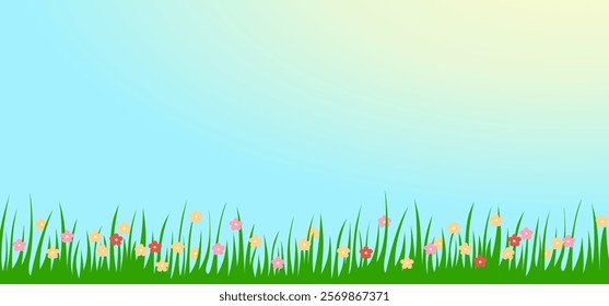 Bright realistic pattern of green grass and spring flowers for decorating Easter cards, banner.