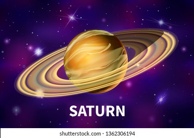 Bright realistic Saturn planet on colorful deep space background with bright stars and constellations