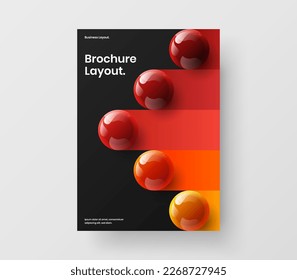 Bright realistic spheres corporate brochure layout. Geometric journal cover vector design illustration.