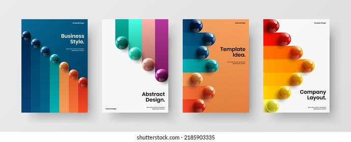 Bright realistic spheres corporate identity concept bundle. Geometric placard A4 design vector illustration composition.