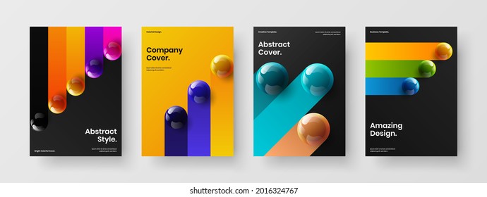Esferas brillantes realistas paquete de concepto folleto. Conjunto de ilustraciones de vector de diseño de panfleto abstracto A4.