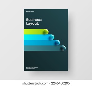 Bright realistic spheres pamphlet concept. Multicolored corporate cover A4 vector design layout.