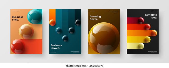 Bright realistic spheres pamphlet template set. Simple cover A4 design vector layout bundle.