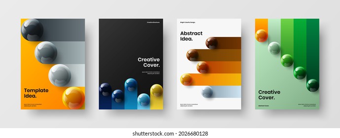 Bright realistic spheres postcard layout set. Geometric company brochure design vector concept collection.
