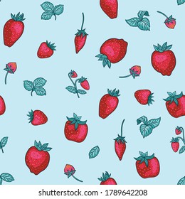 Bright realistic strawberry seamless pattern in hand-drawn style. Red berry and leaves on blue background. Food seamless pattern. 