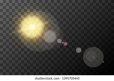 Bright realistic sunbeams effect with lens flare on transparent background