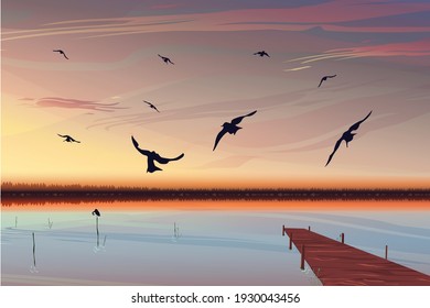 Bright realistic sunset over the lake with a pier in the background. Birds fly in the foreground. Beautiful dawn with a warm yellow-pink sky. Landscape over the quiet sea. Vector eps illustration.