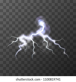 Bright realistic thunderbolt on transparent background