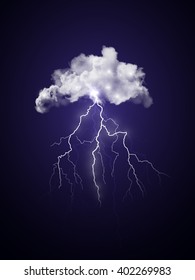 Bright realistic transparent vector lightning. Dark blue thunderstorm sky illustration.