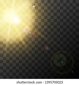 Bright realistic yellow sunbeam effect with lens flare on transparent background