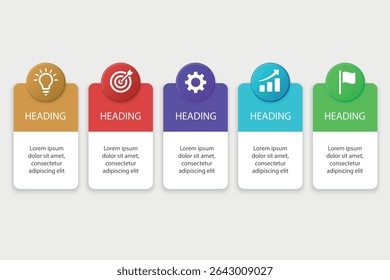 Bright rectangular blocks with icons for idea, goal, gear, graph, and flag
